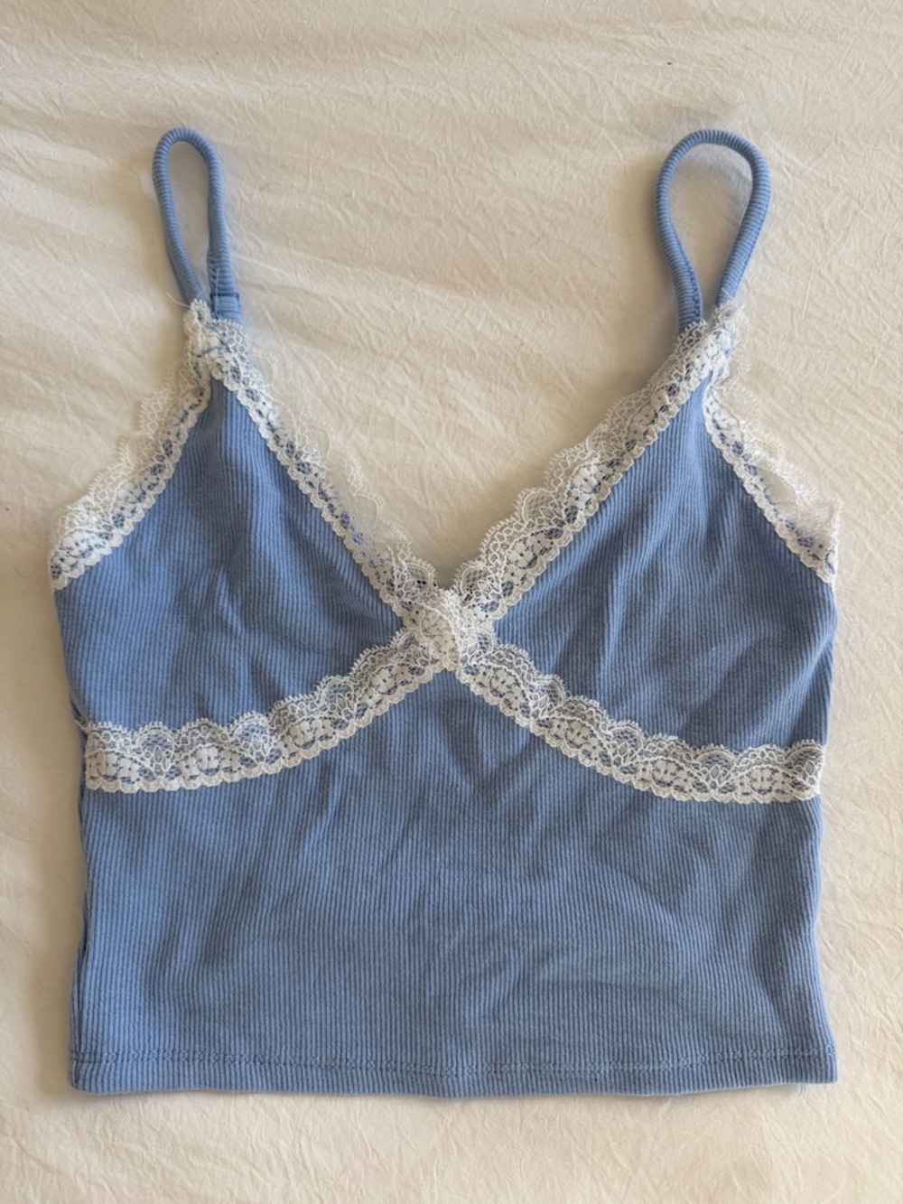 Garage Light Blue Ribbed Lace Trim Tank